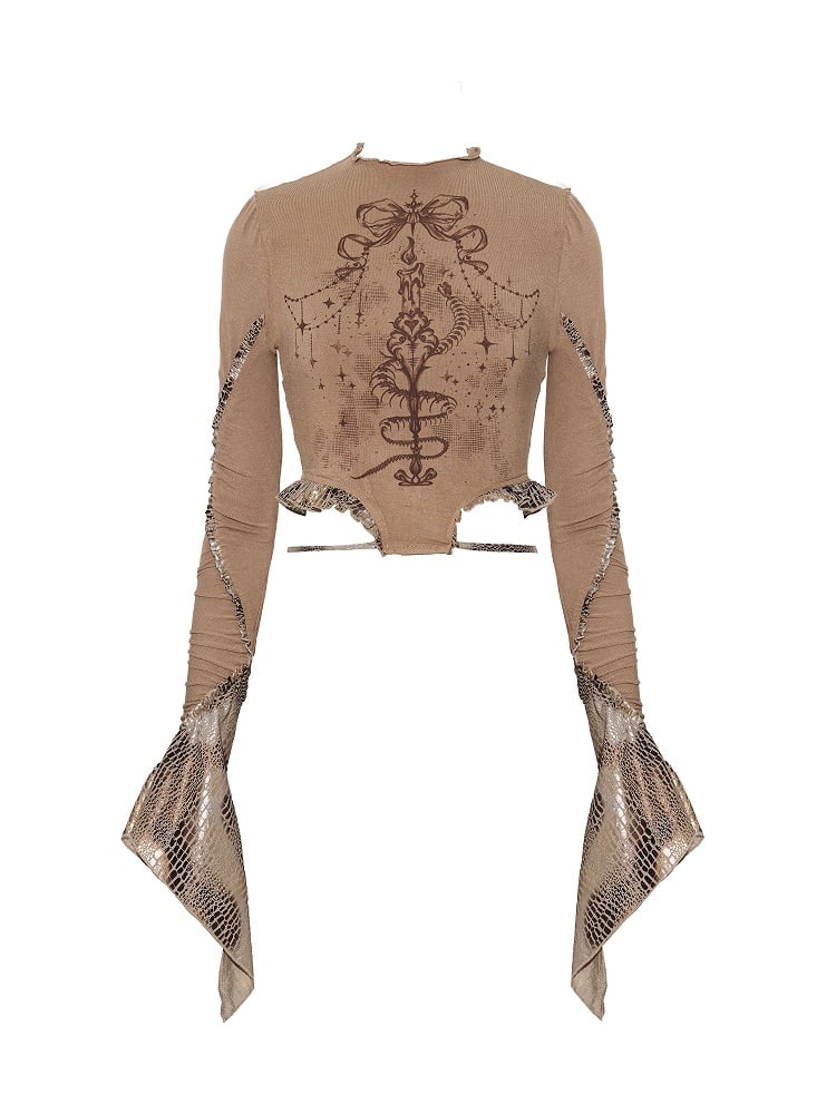 Brown Wasteland Punk Snakeskin Pattern Print Design Bell Sleeves Top