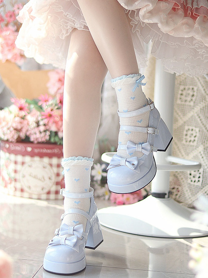 Bow Accents Blue High Block Heel Shoes