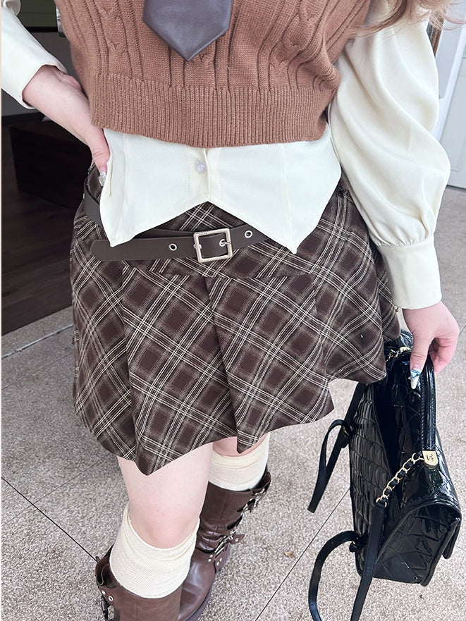 Plus Size White Preppy Shirt / Brown Plaid Pleated Skirt