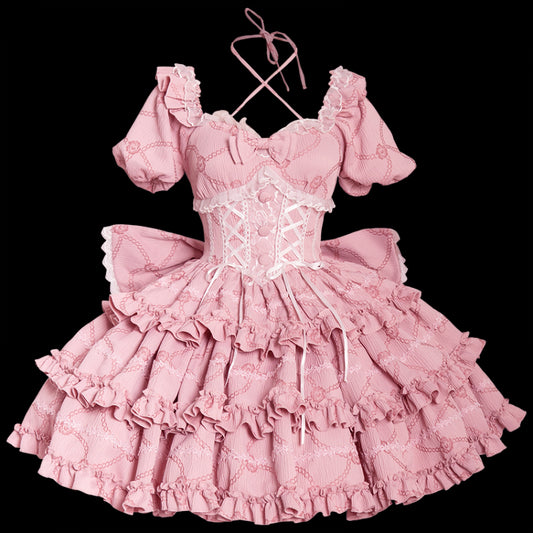 Clearance - Size M for Bust 86-96CM Pink Princess Corset Waist Dress Ruffle Skirt Lolita OP with Big Bow at Back