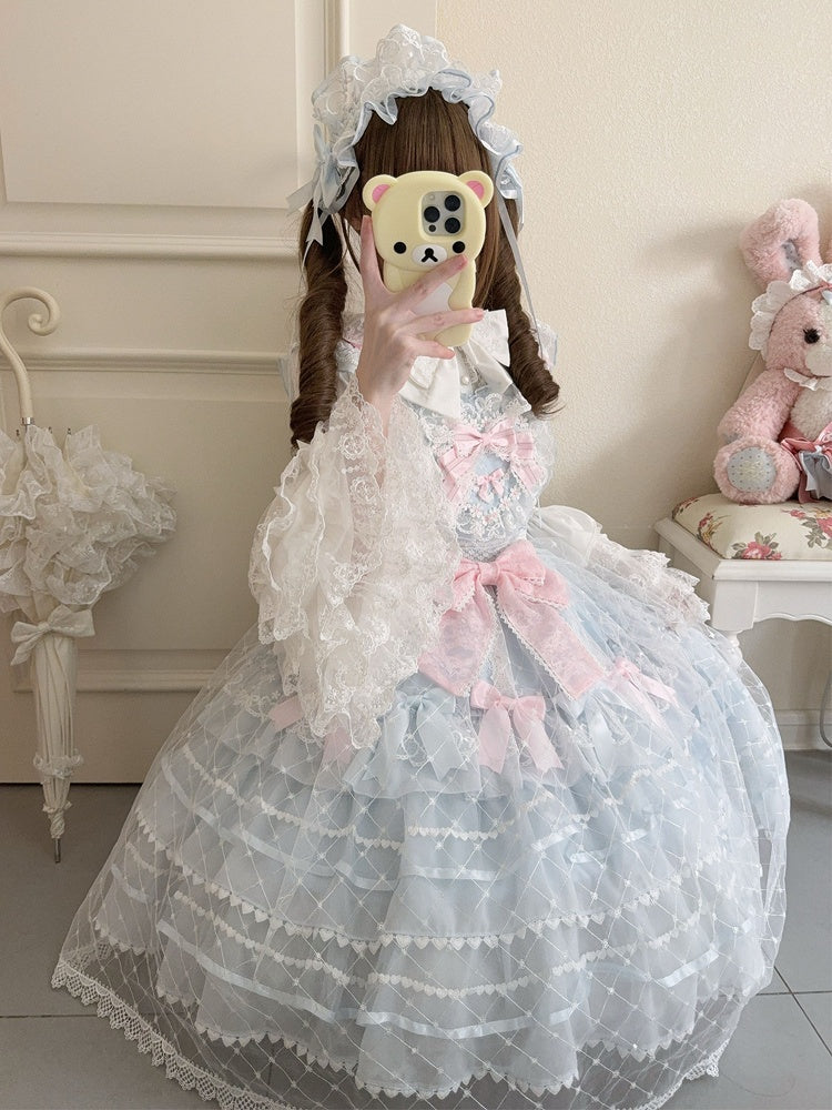 Blue Flower Applique Heart Bodice Overlay Hem Princess Lolita Jumper Skirt