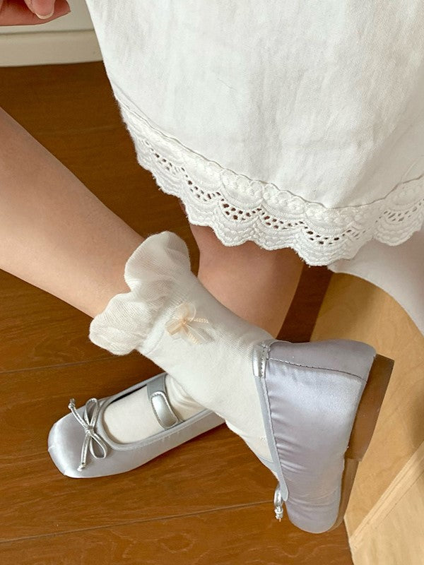 Pink/Blue/Black/White/Yellow/Gray Bowknot Details Ruffled Cuff Calf Socks