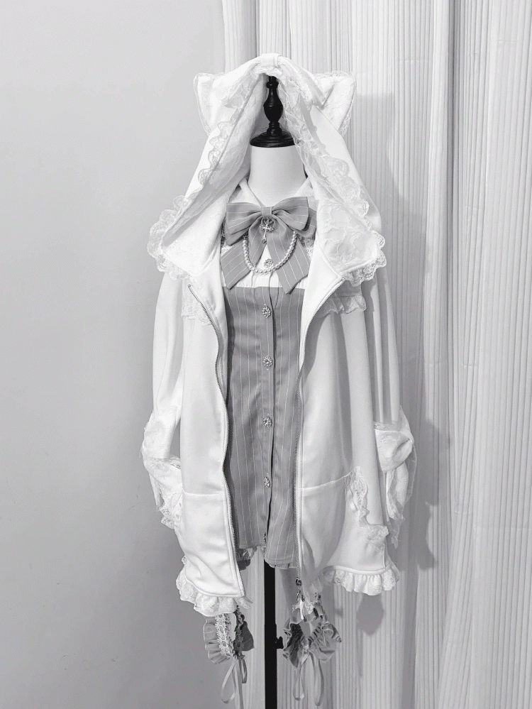 Jirai Kei Kitty Tail at Back Kitty Ears Hood White Lace Trim Jacket Bowknot Cuffs
