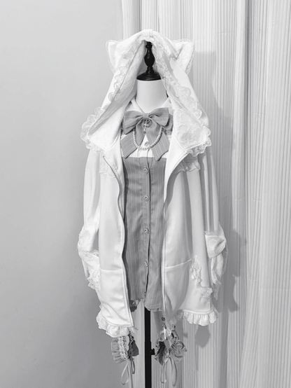 Jirai Kei Kitty Tail at Back Kitty Ears Hood White Lace Trim Jacket Bowknot Cuffs