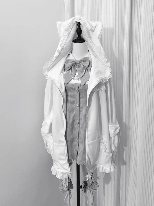 Jirai Kei Kitty Tail at Back Kitty Ears Hood White Lace Trim Jacket Bowknot Cuffs