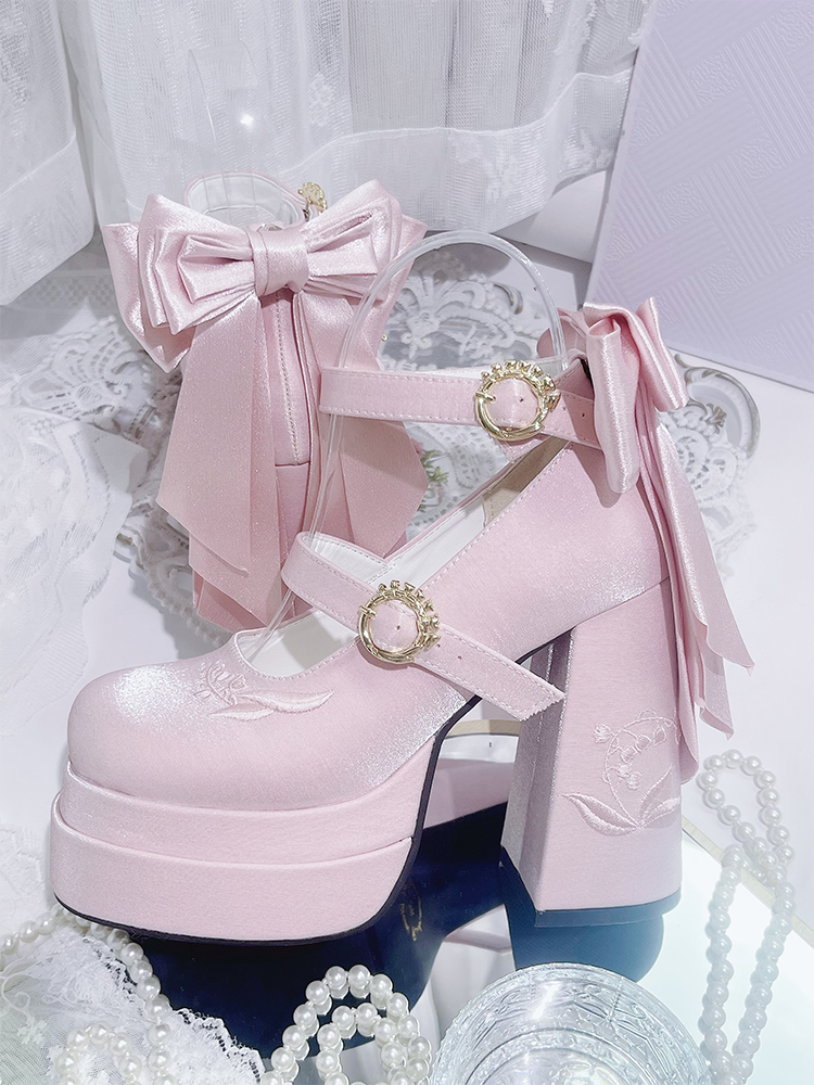 Pink Detachable Bowknot Lily of the Valley Embroidery High Block Heel Platform Mary Janes