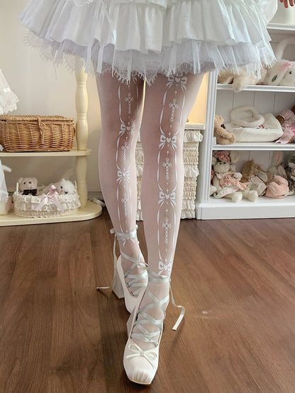 White Cross and Bowknot Print Sweet Lolita Tights