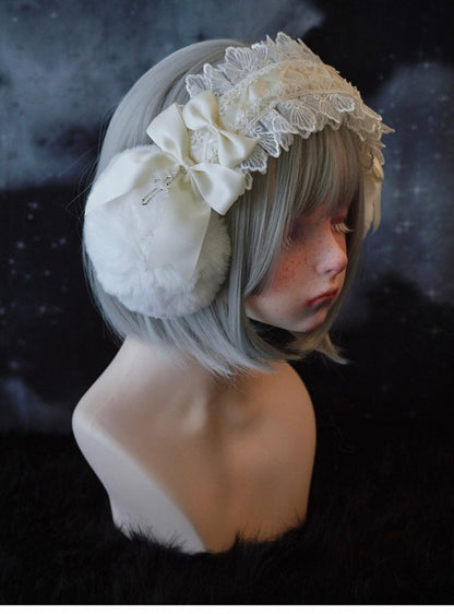 White Handmade Bow Cross Lace Trim Plush Earmuffs