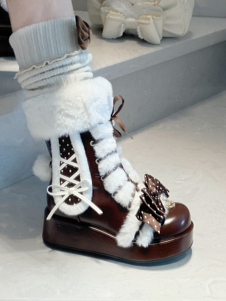Dot Pattern Top Bow with Plush Rabbit Ears & Tail Decor Chocolate Brown Platform Boots in Sweet Lolita