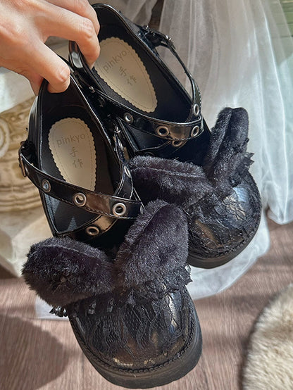 Black Plush Kitty Ear Lace Platform Mary Janes