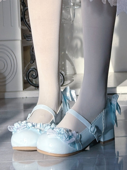 Sweet Light Blue Lolita Low Heels - PU Leather with Blossom Motifs, Delicate Bows & Ruffles Trim