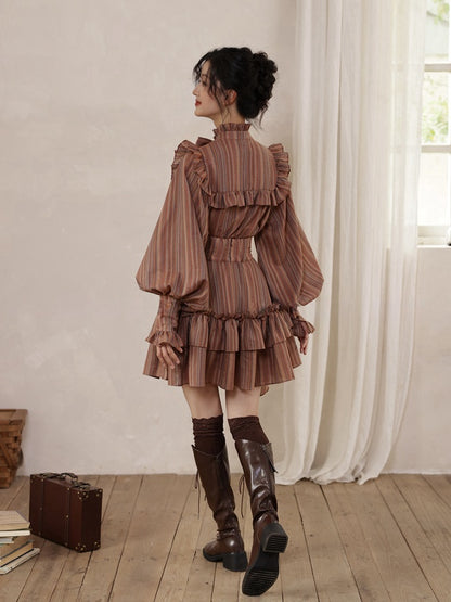 Reddish Brown Vintage Striped Pattern Tiered Ruffle Trim High Waist Skirt