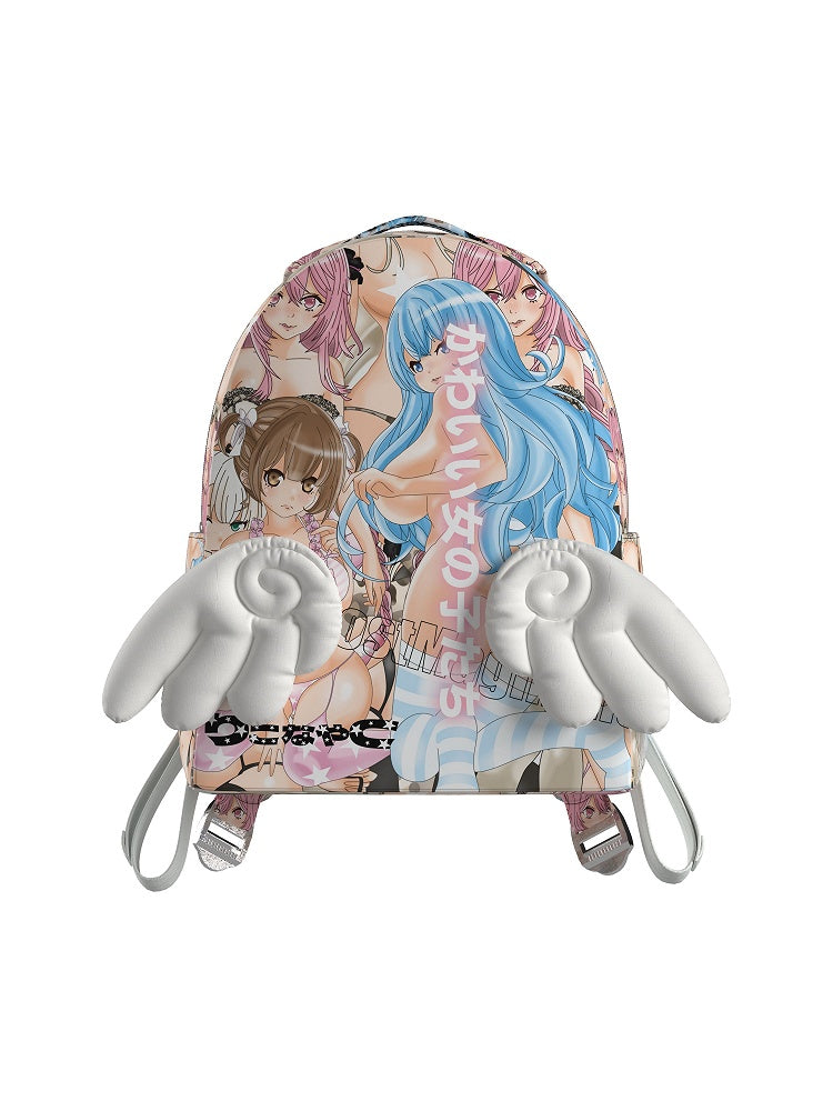 Colorful Cartoon Print PU Backpack with Angel Wings