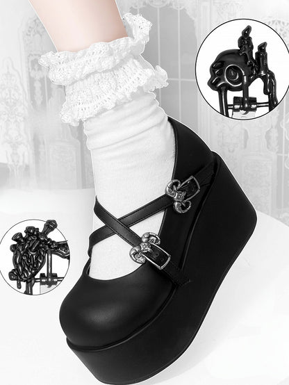 Black Gothic Crosscriss Design Platform Mary Janes With Detachable Buckles