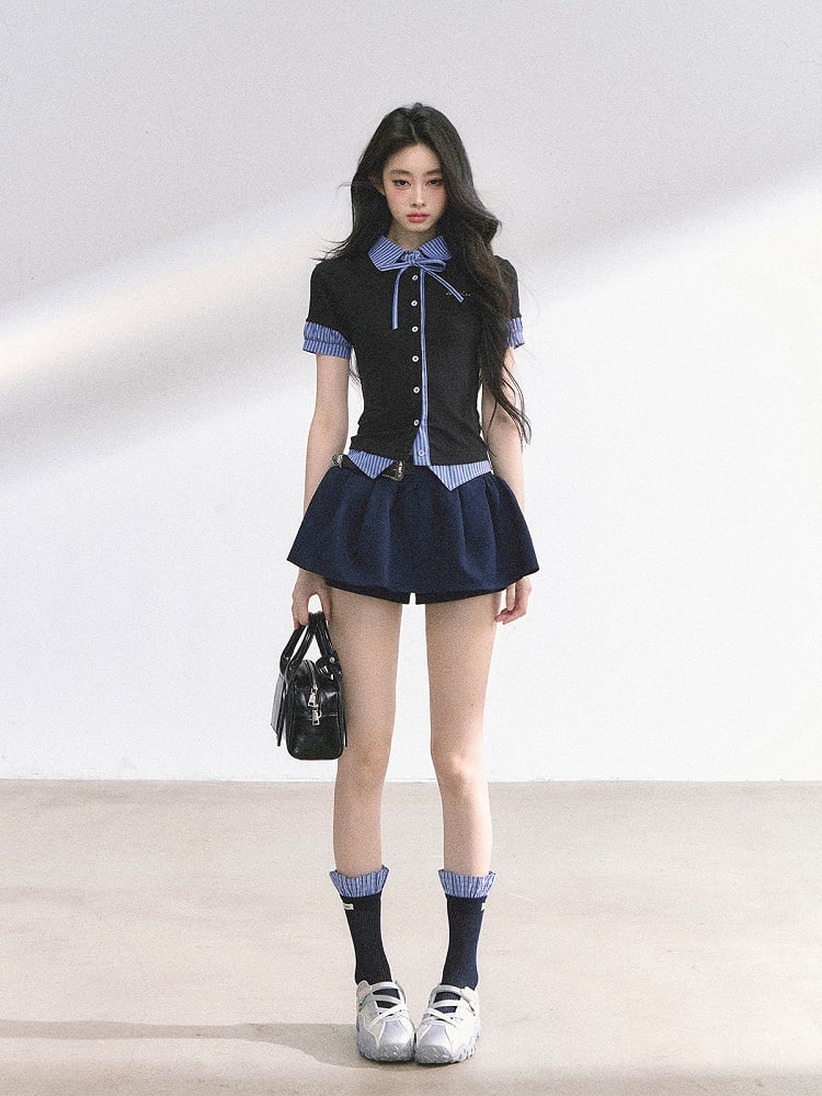 Black and Blue Stripes Preppy Style T-shirt Faux Two-pieces