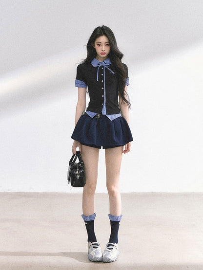 Black and Blue Stripes Preppy Style T-shirt Faux Two-pieces