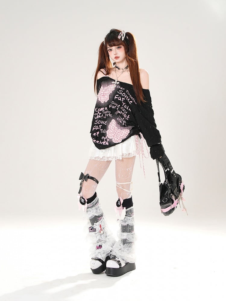 White/Black Elastic Waist Butterfly Appliques Lace Trim Tiered Skirt