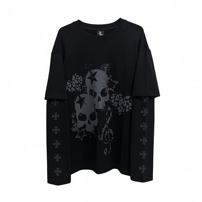 Black Faux Two-Pieces Top with White Skeleton and Cross Print