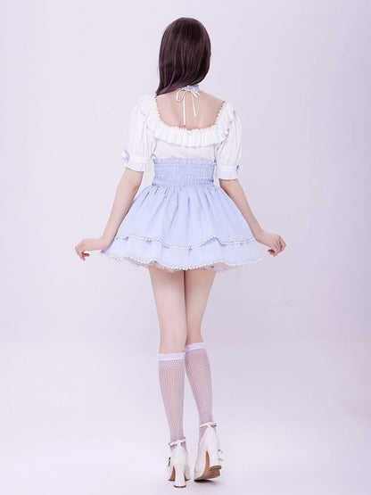 White Square Neckline with Blue Choker Halter Neck Jirai Kei Short Sleeves Blouse