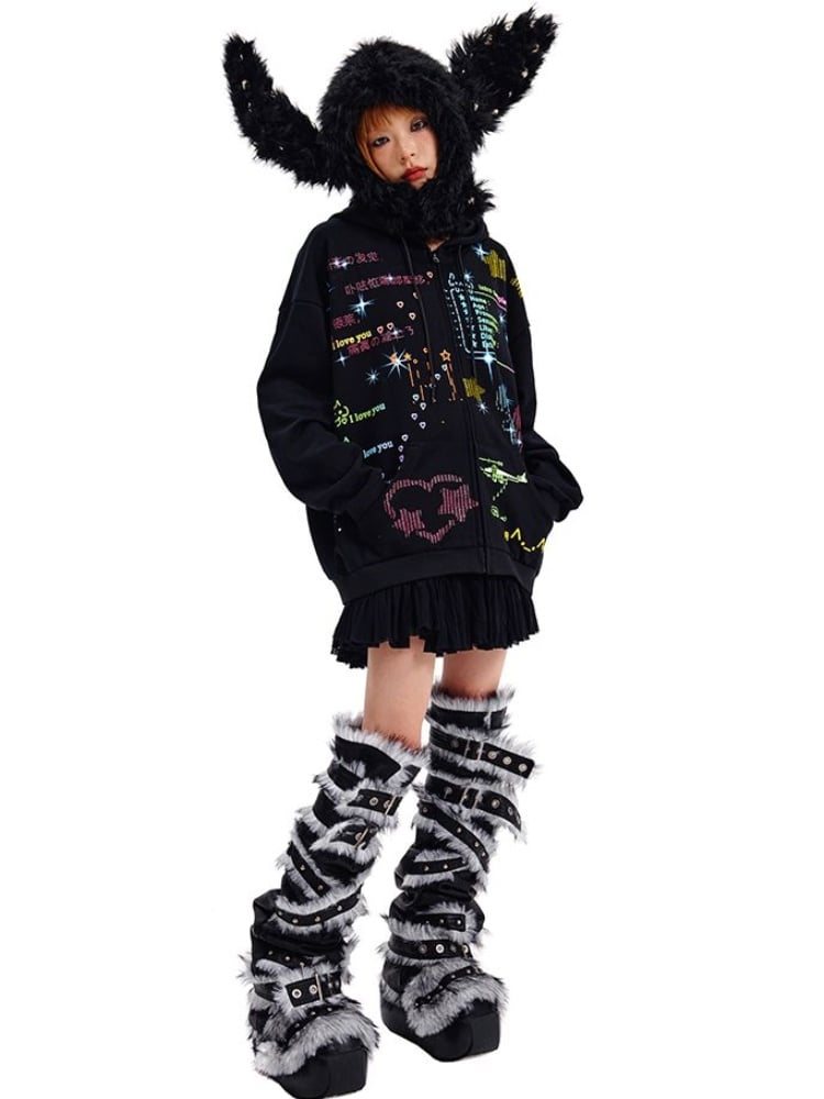 Black/White Studded Bunny Ear Hat