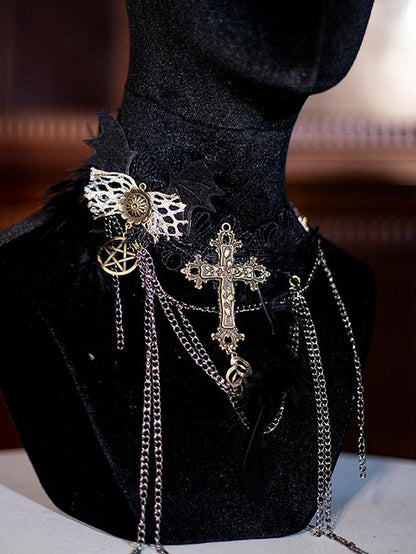 Bat Wing and Cross Tassel Gothic Halloween Choker