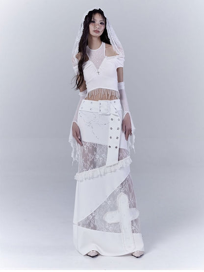 White Cutout Shoulder Beaded Tassel Hem Punk Cropped Top with Lace Hood