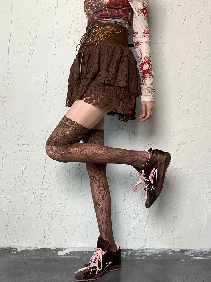 Brown Wasteland Punk Lace Trim Overknee Stockings