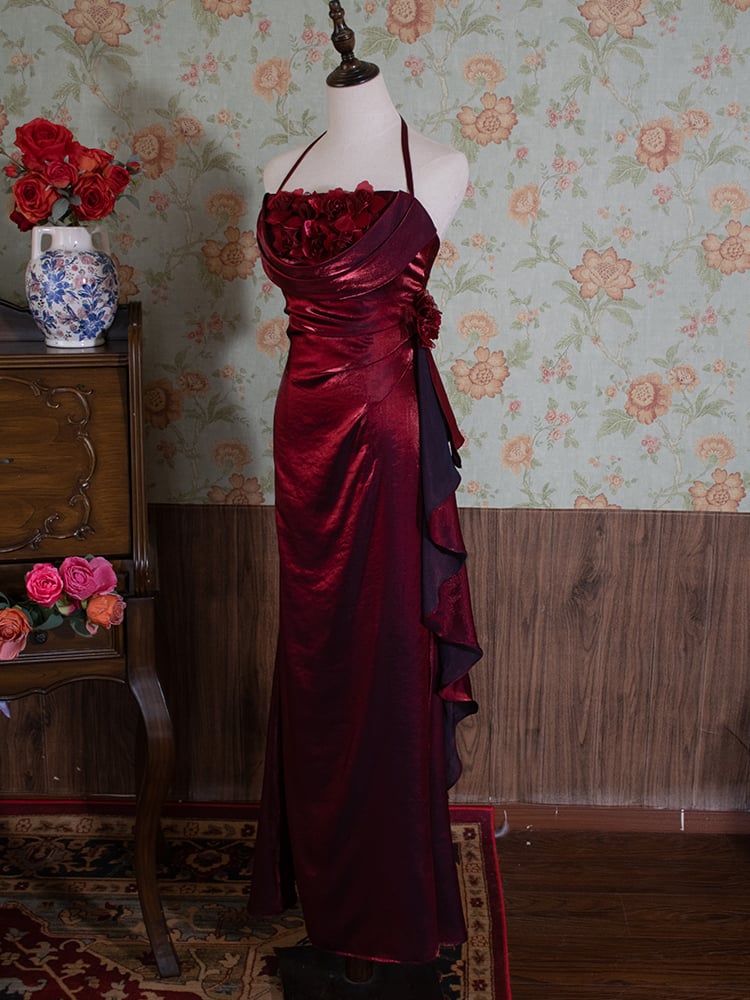 Vintage Dark Red Shimmer Halter Neck Floral Prom Gown Birthday Dress