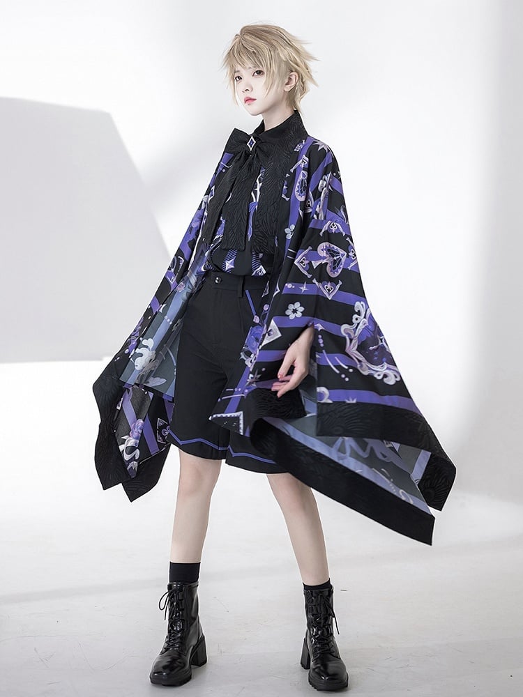 Black and Purple Striped Pattern Haori Poker and Tea Cup Print