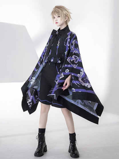 Black and Purple Striped Pattern Haori Poker and Tea Cup Print