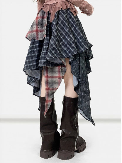 Dark Gray Plaid Pattern Handkerchief Hem Skirt
