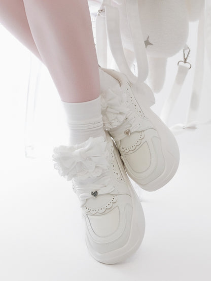 White Jirai Kei Detachable Bowknot Lace Trim Front Lace-up Ties Sneakers