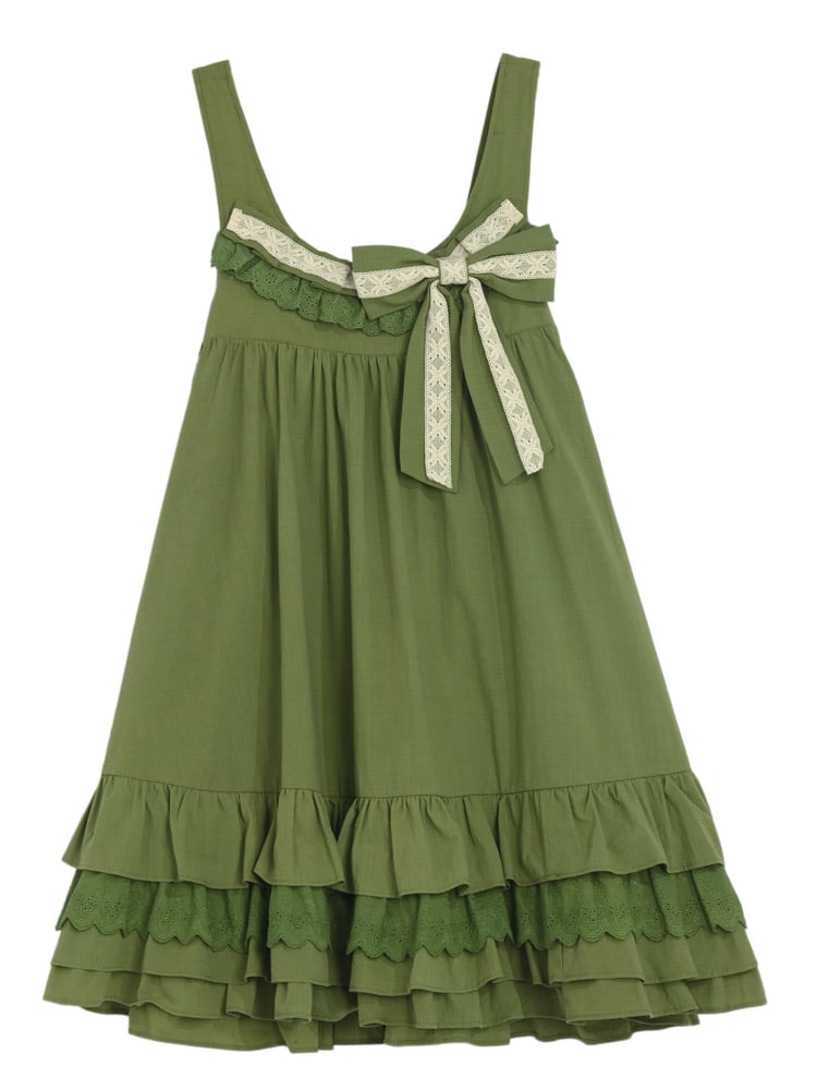Green Ruffle Hem Sweet Overall Dress with Detachable Bowknot