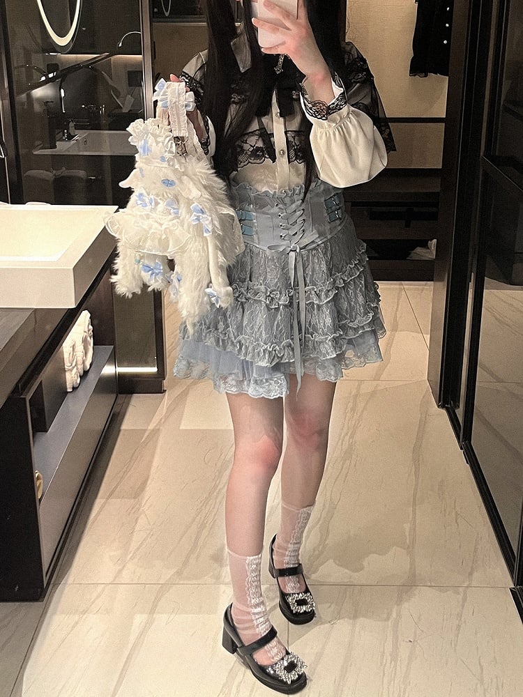 Jirai Kei High Waist Tiered Lace Skirt | Heart Buckles & Lace-Up Detail | 5 Colors