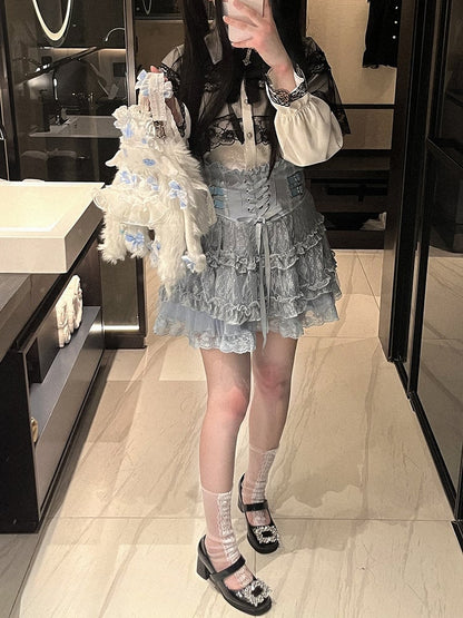 Jirai Kei High Waist Tiered Lace Skirt | Heart Buckles & Lace-Up Detail | 5 Colors