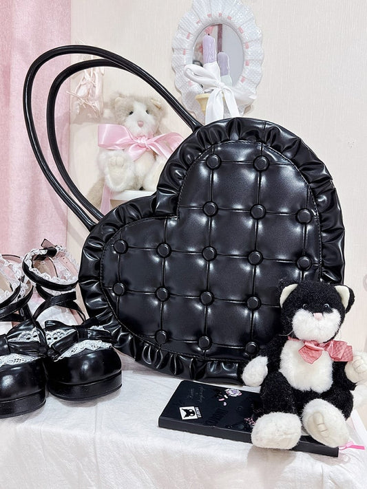 Black Diamond-Stitch Heart Purse with Lace Ruffles – Lolita Shoulder Bag
