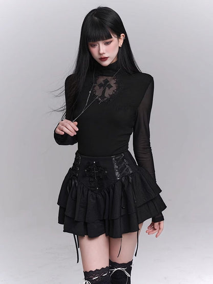 Black Mock Neck Coffin-shaped Cutout Cross Applique Mesh Sleeves Gothic Top
