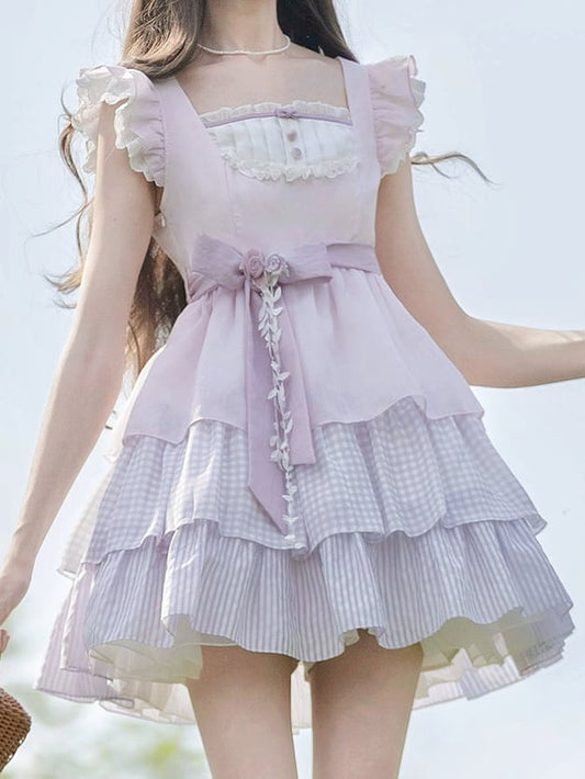 Sweet Lavender Flutter Sleeves Dress Tiered Skirt with Floral Brooch and Waist Belt