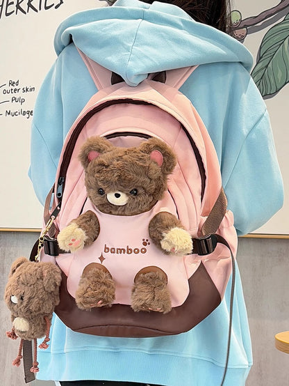 Pink Plush Backpack With A Detachable Brown Bear Doll