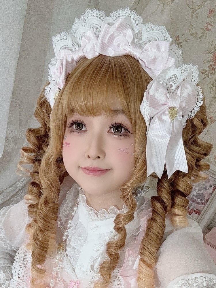 Pink Heart Charm Lace Detail Striped Pattern Bowknot Hairclip