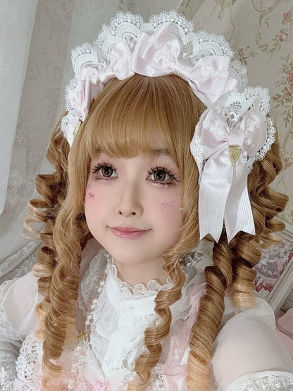 Pink Heart Charm Lace Detail Striped Pattern Bowknot Hairclip