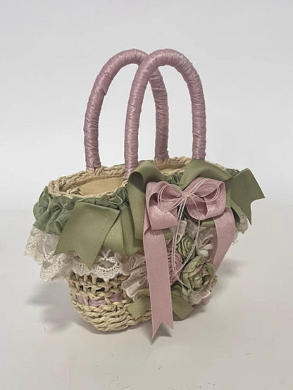 Pink and Green Floral Design Straw Woven Tote Bag