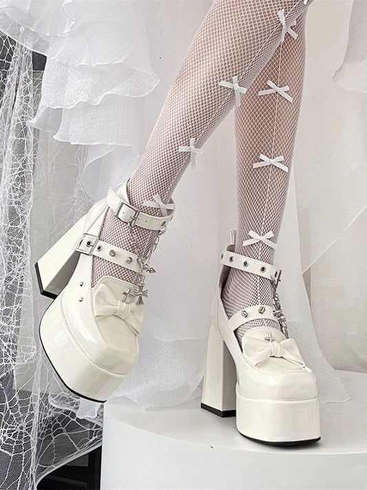 Spike Studs White Platform Block High Heels Punk Goth Shoes