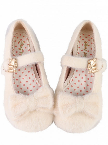 Regular/Thicken Version Off-white Sweet Lolita Plush Flats - Front Bow with Hugging Bear Heart Buckles