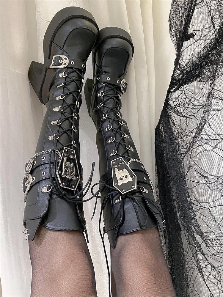 Ghost Cat Black High Block Heel Boots with Detachable Chain