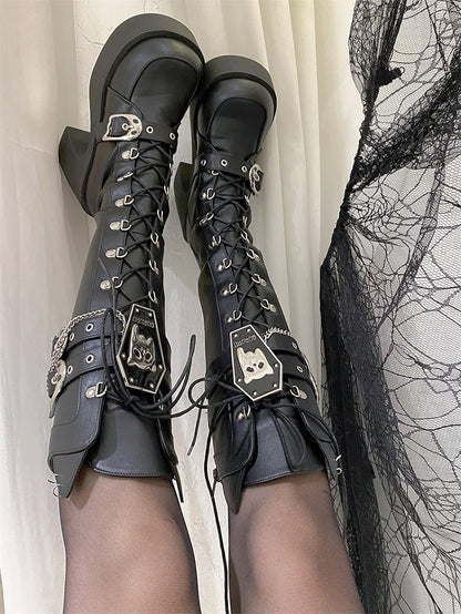 Ghost Cat Black High Block Heel Boots with Detachable Chain