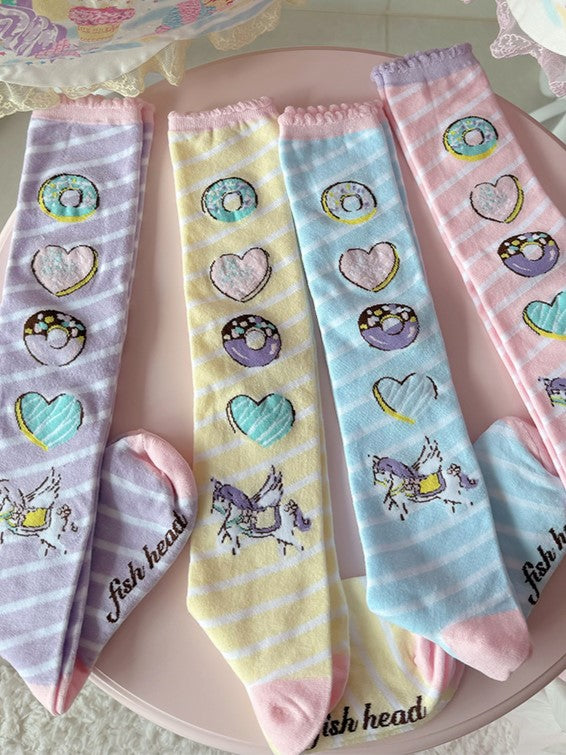 Pink/Yellow/Blue/Purple Unicorn Donut Print Striped Pattern Lolita Over Knee Stockings