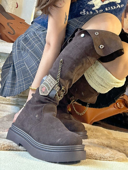 Dark Brown Chain and Embroidered Badge Platform Boots