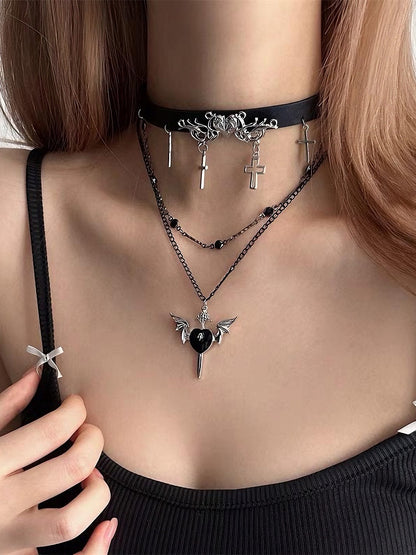 Black Bittersweet Cross And Heart Pendant Choker