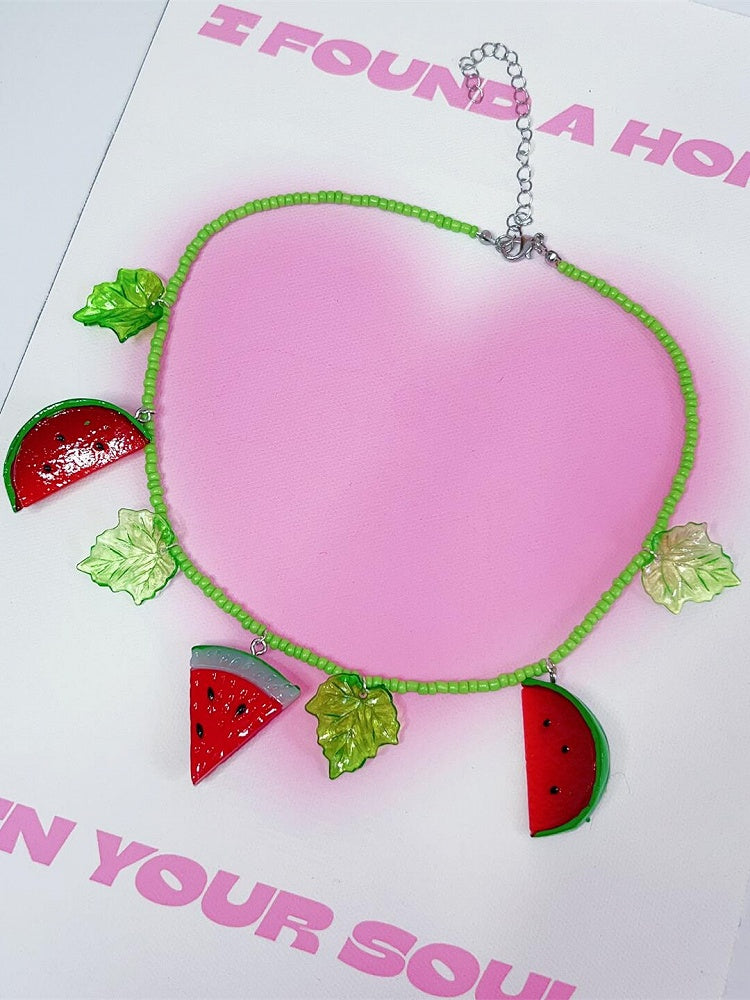 Green&Red Y2K Watermelon And Leaf Pendant Necklace